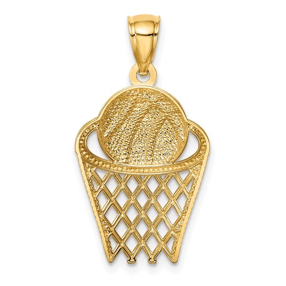 14k Yellow Gold Genuine Sports Basketball in Hoop Necklace Charm Pendant - Picture 4 of 5